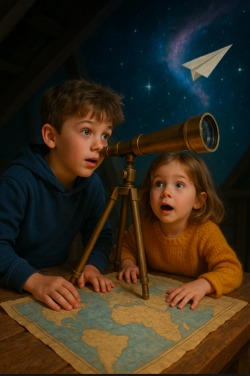 kids with telescope and map